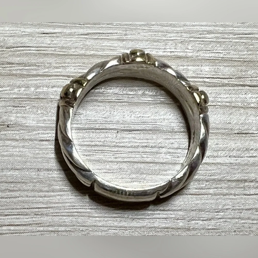 Designer Signed Sterling Silver & 10K Yellow Gold Dotted Cable Ring, Size 6.5